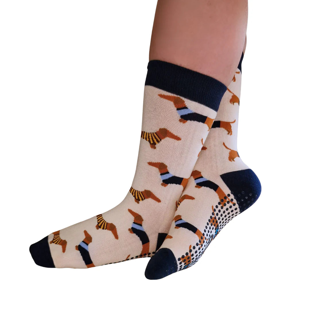 Socks with dachshund pattern on a white background