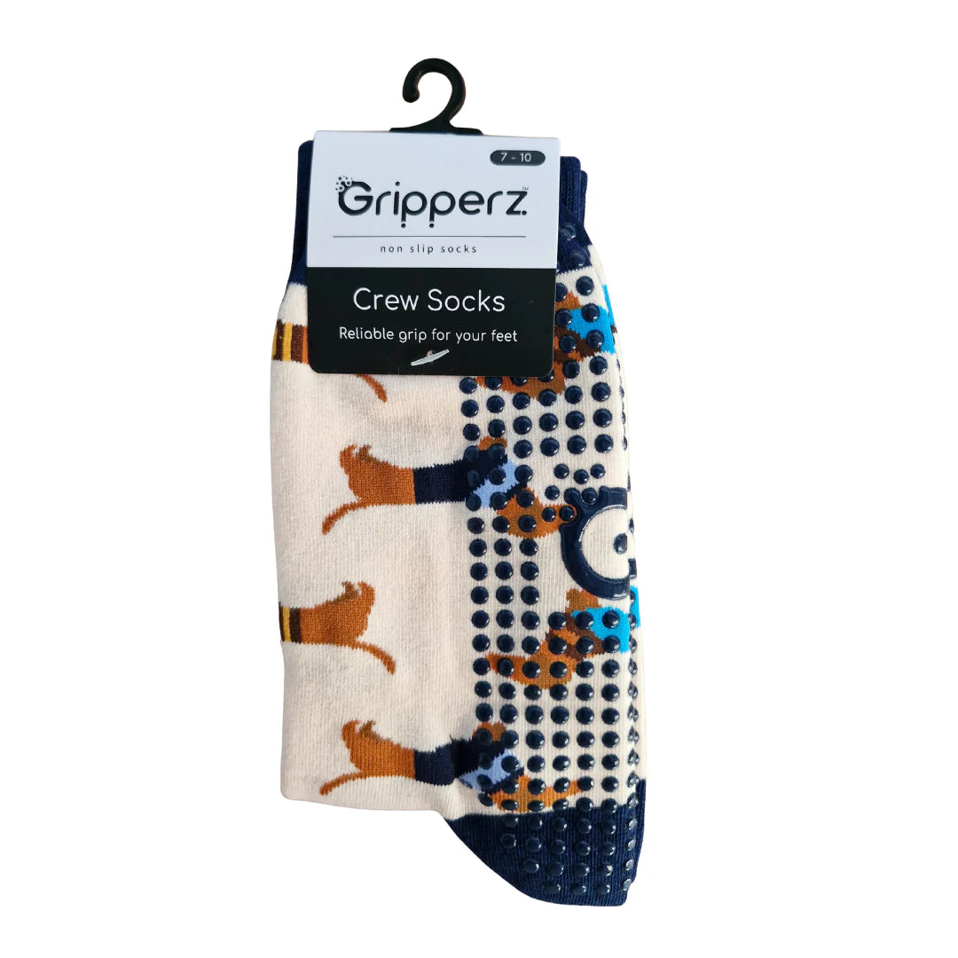 Pack of Gripperz crew socks with a dog pattern on a white background