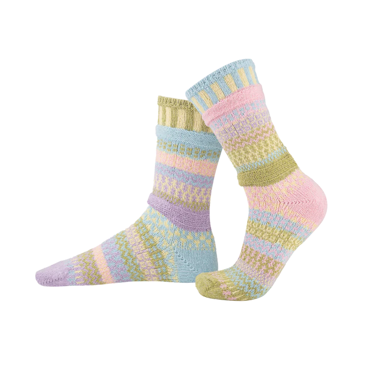 Pair of colorful striped socks on a white background