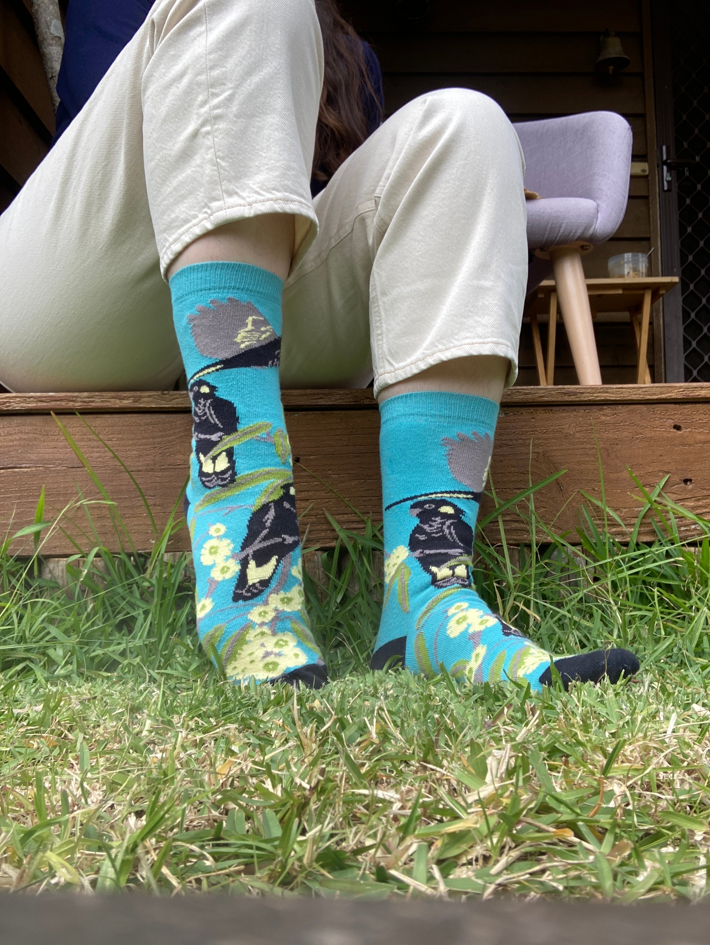 Black Cockatoo Socks in Aqua Blue