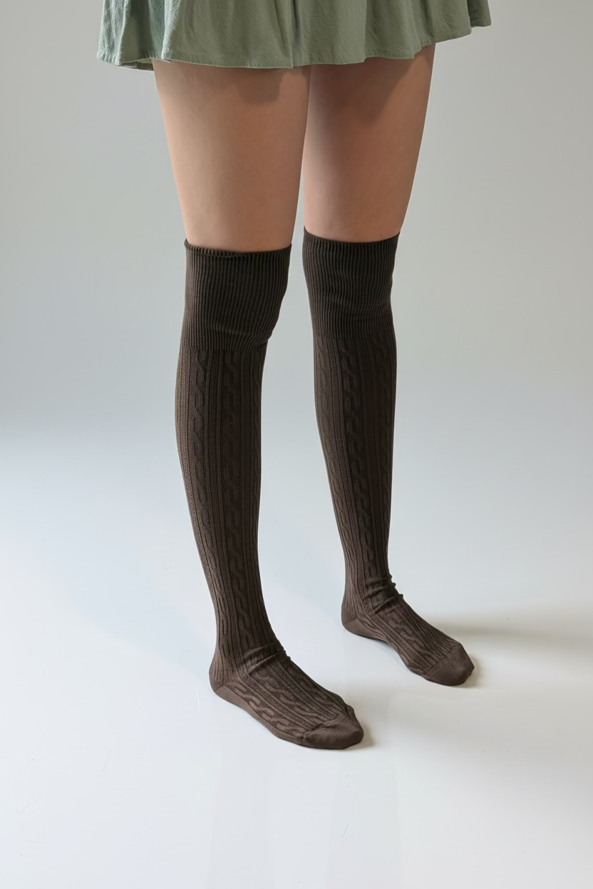 Cable Knit Over The Knee Socks in Brown - Aussie Made