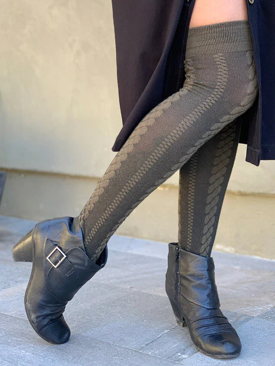 Cable Knit Over the Knee Socks in Olive