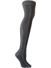 Gray knee-high sock with cable knit pattern on a white background
