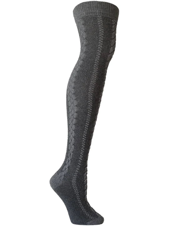 Gray knee-high sock with cable knit pattern on a white background