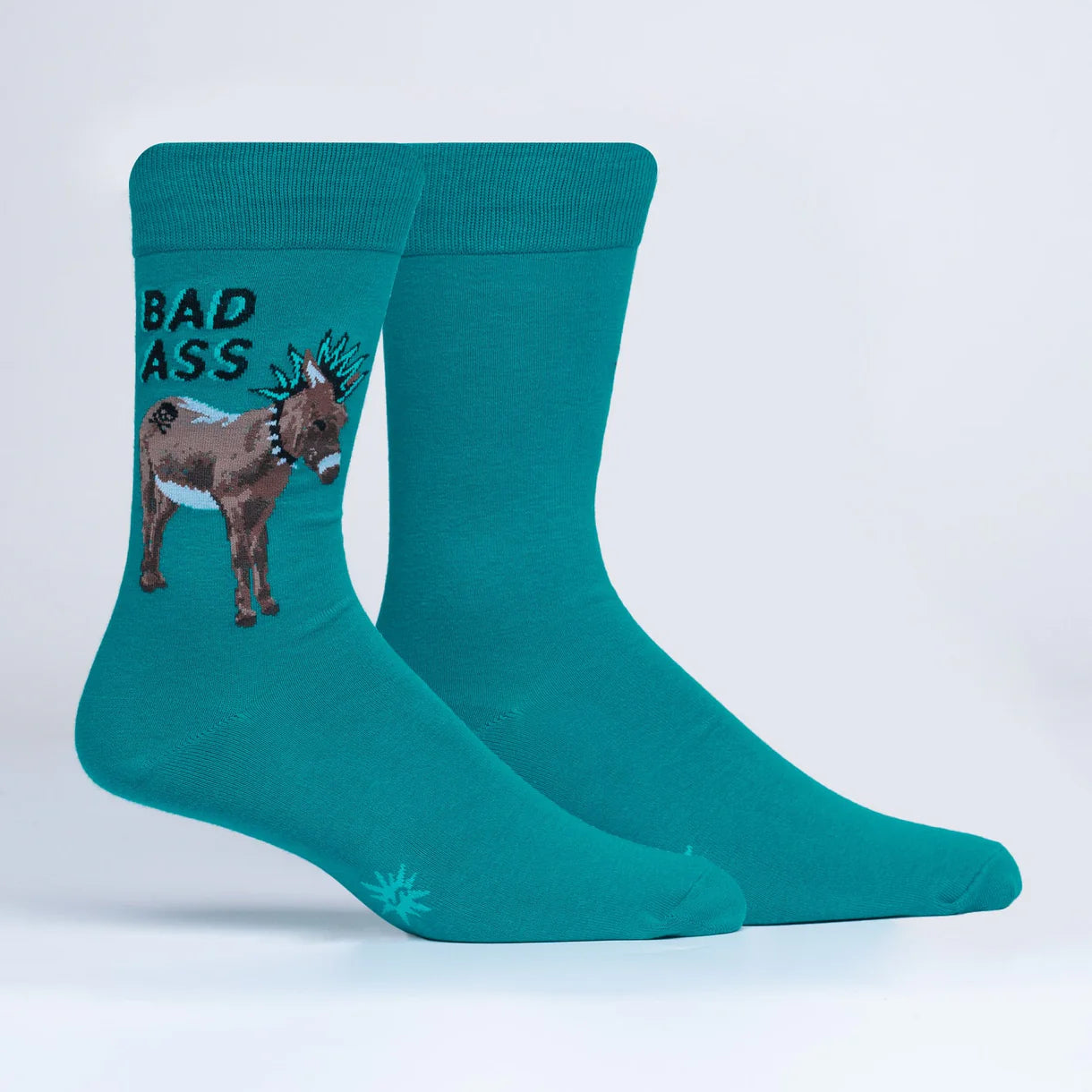 Teal socks with a donkey graphic and 'Bad Ass' text on a light gray background