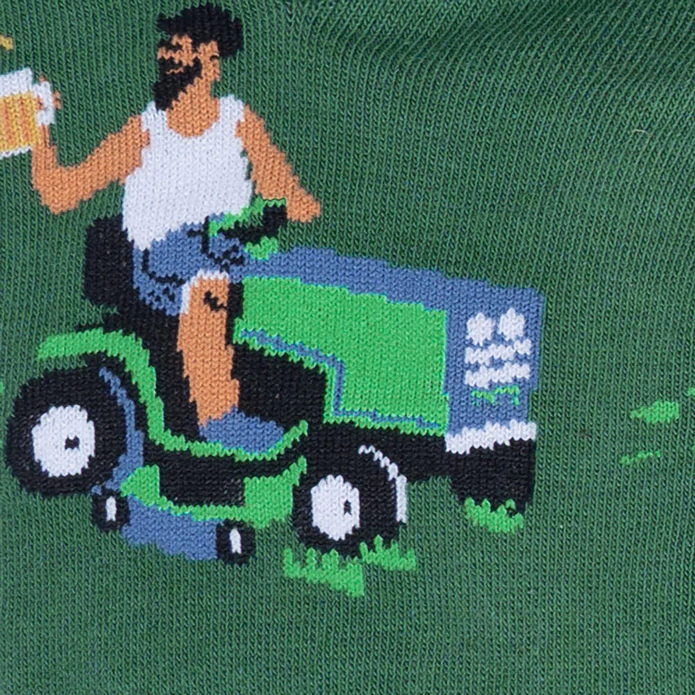 Green mens novelty socks with men riding ride on mowers. One is holding a beer mug - The Sockery