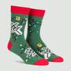 Men’s green crew socks featuring cats tangled in colourful Christmas lights, with red cuffs, heels and toes.