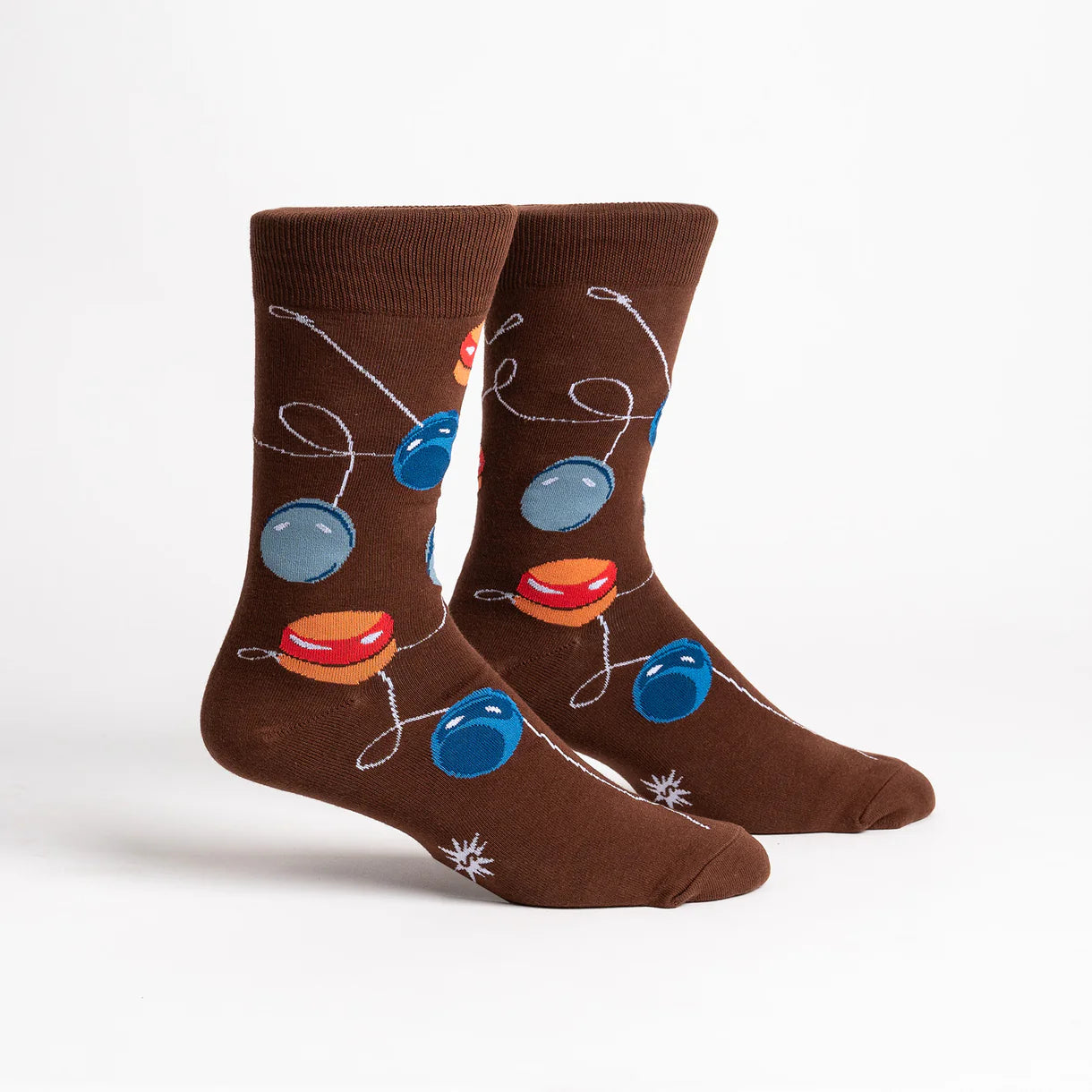 Brown socks with colorful yo-yo design on a white background