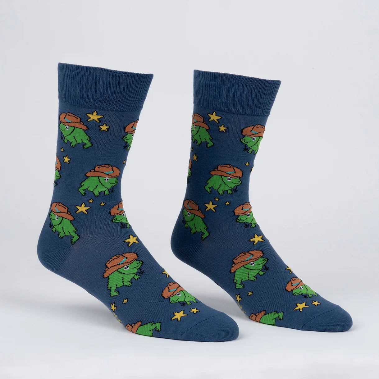 Blue socks with frog pattern on a white background