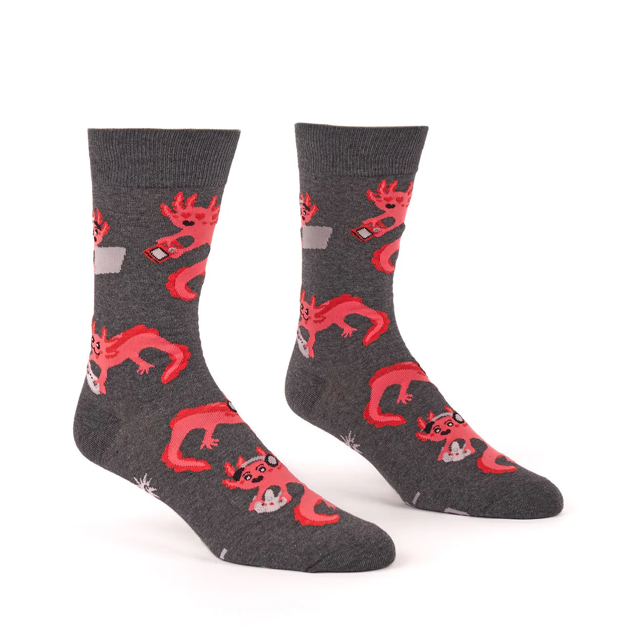 grey socks with computer games playing axolotls.