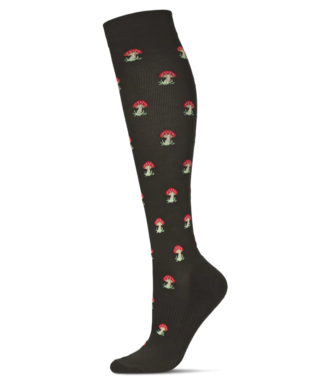 Black knee-high sock with red and white mushroom pattern on a white background