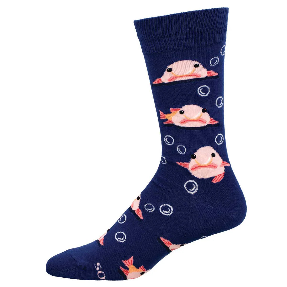 Navy blue sock with pink blobfish design on a white background