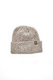 Textured beanie with a brand logo on a white background