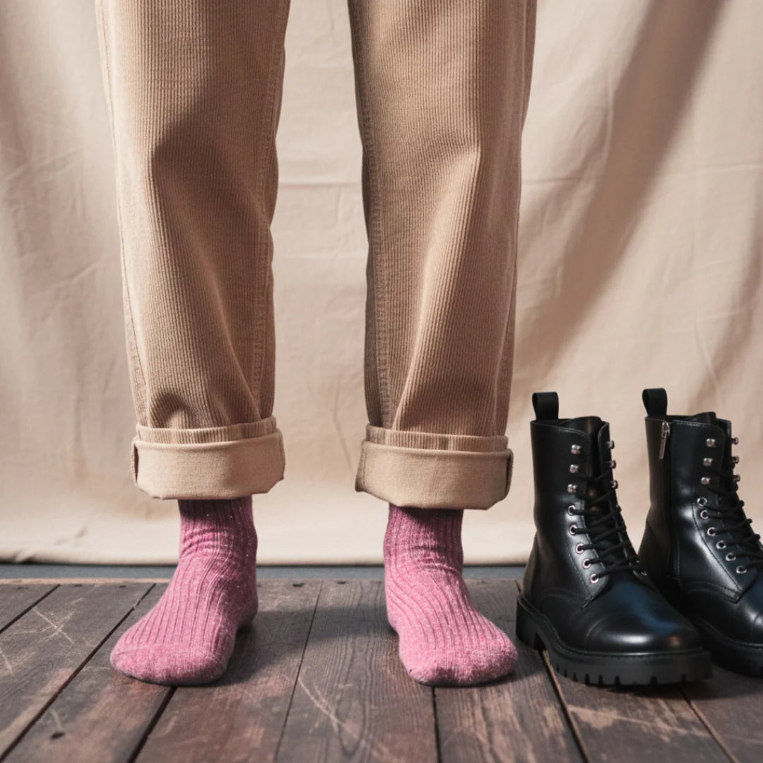 Person wearing pink socks with black boots on a wooden floor.