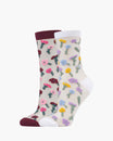 A pair of crew socks with a colorful floral pattern on a cream background, featuring solid burgundy toes and heels, and white cuffs.