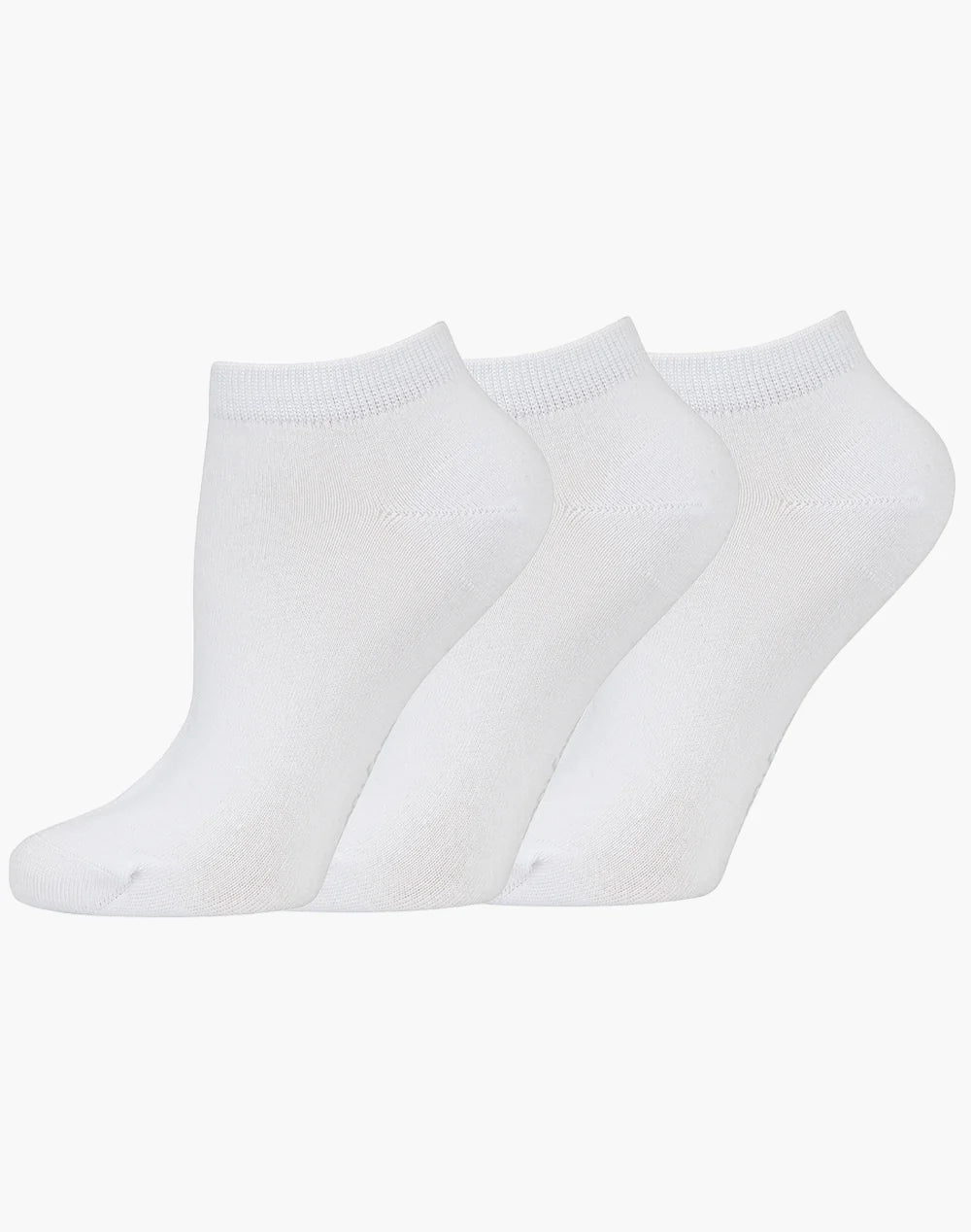 Three pairs of white ankle socks on a light gray background