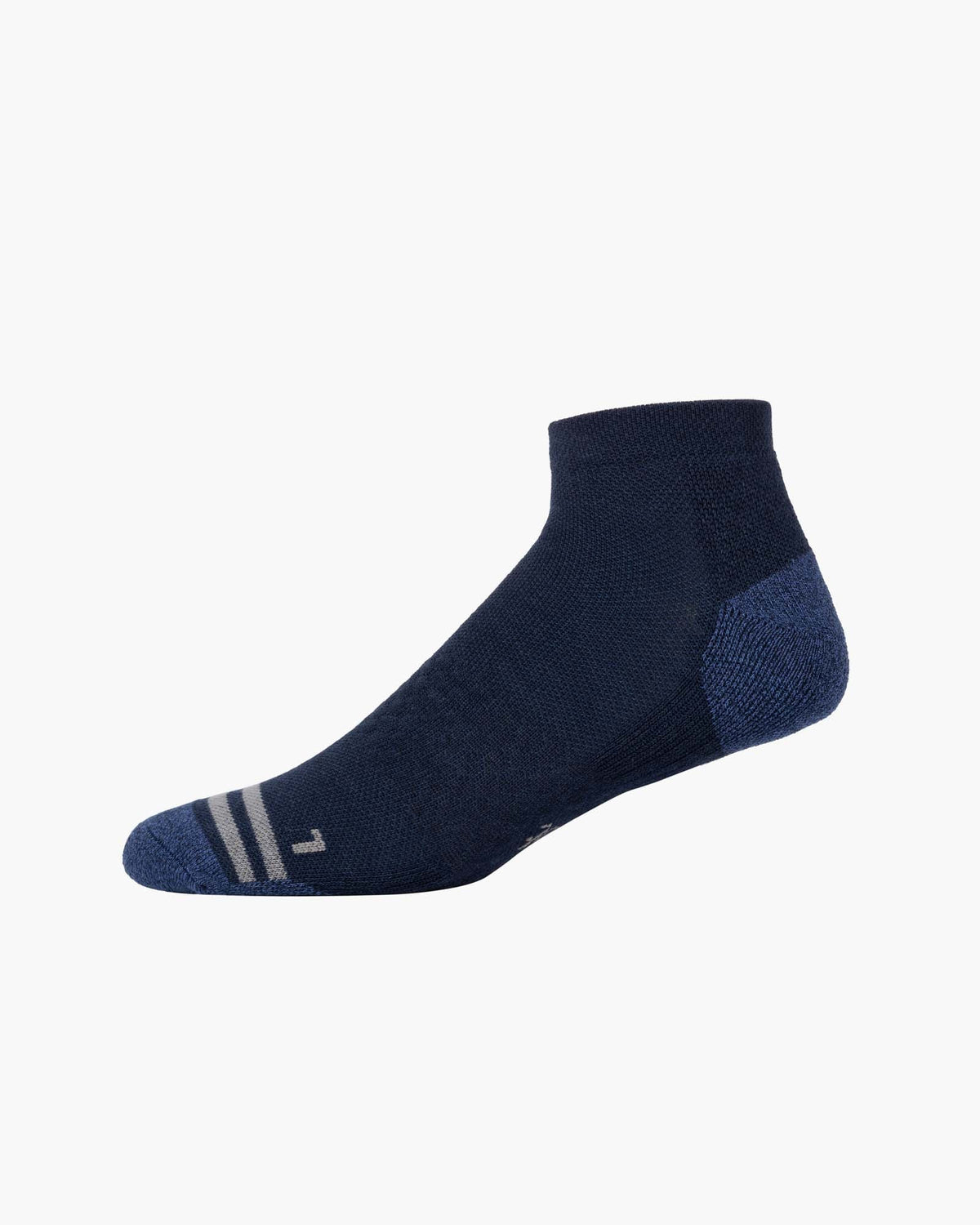 Navy blue ankle sock with a brand logo on a white background