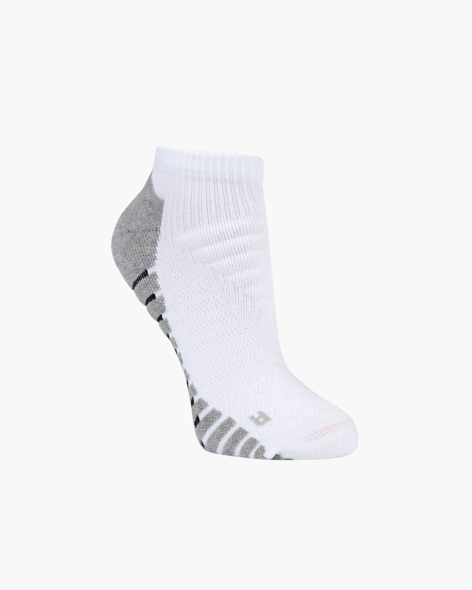 A single low-cut athletic sock in white with gray textured panels on the heel and toe, shown against a plain light gray background.