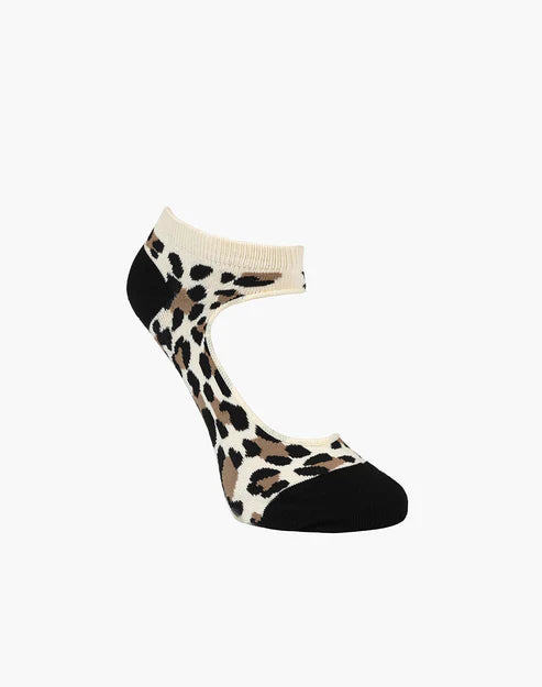 Leopard print sock with black toes on a white background