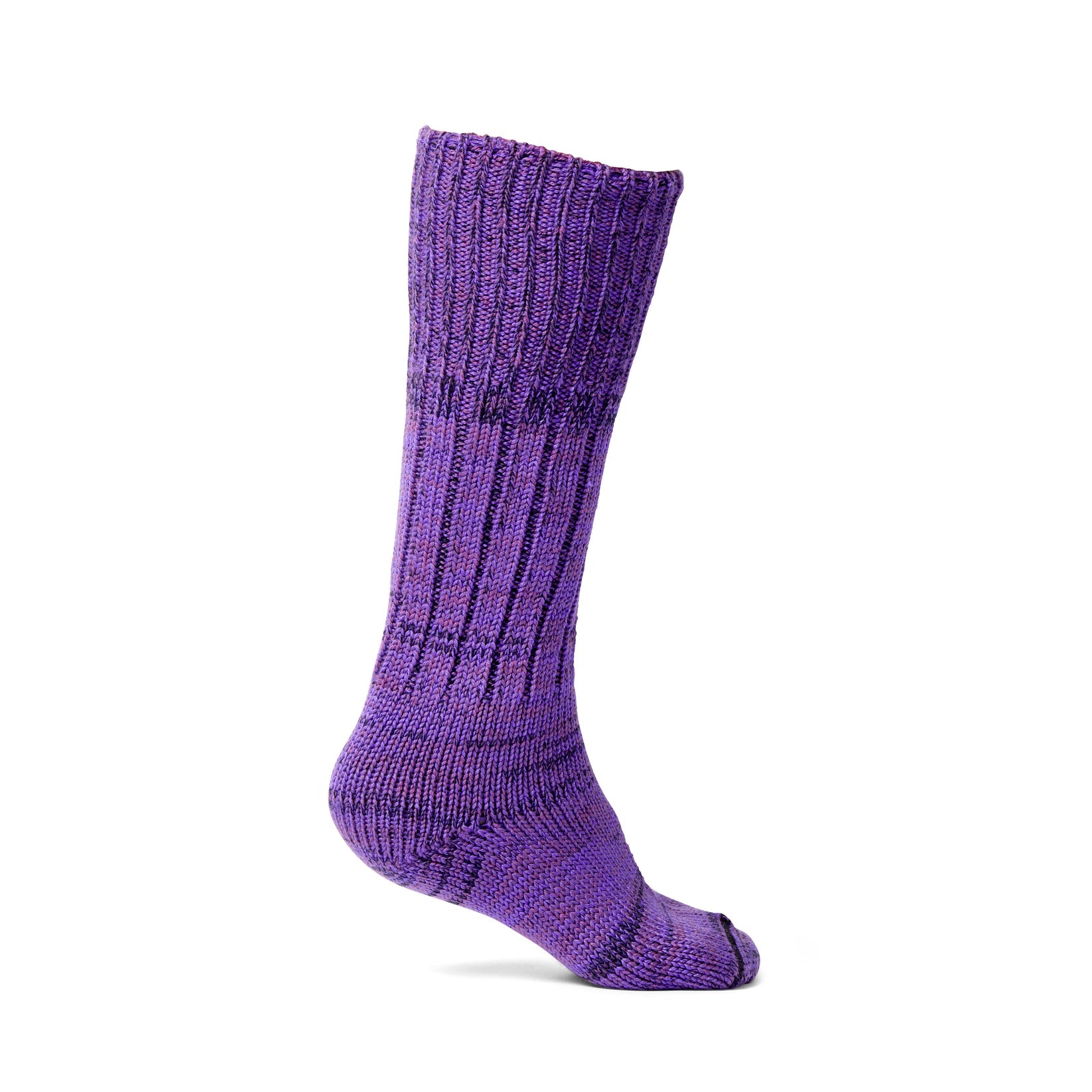 A single purple ribbed crew sock shown in profile against a plain white background.
