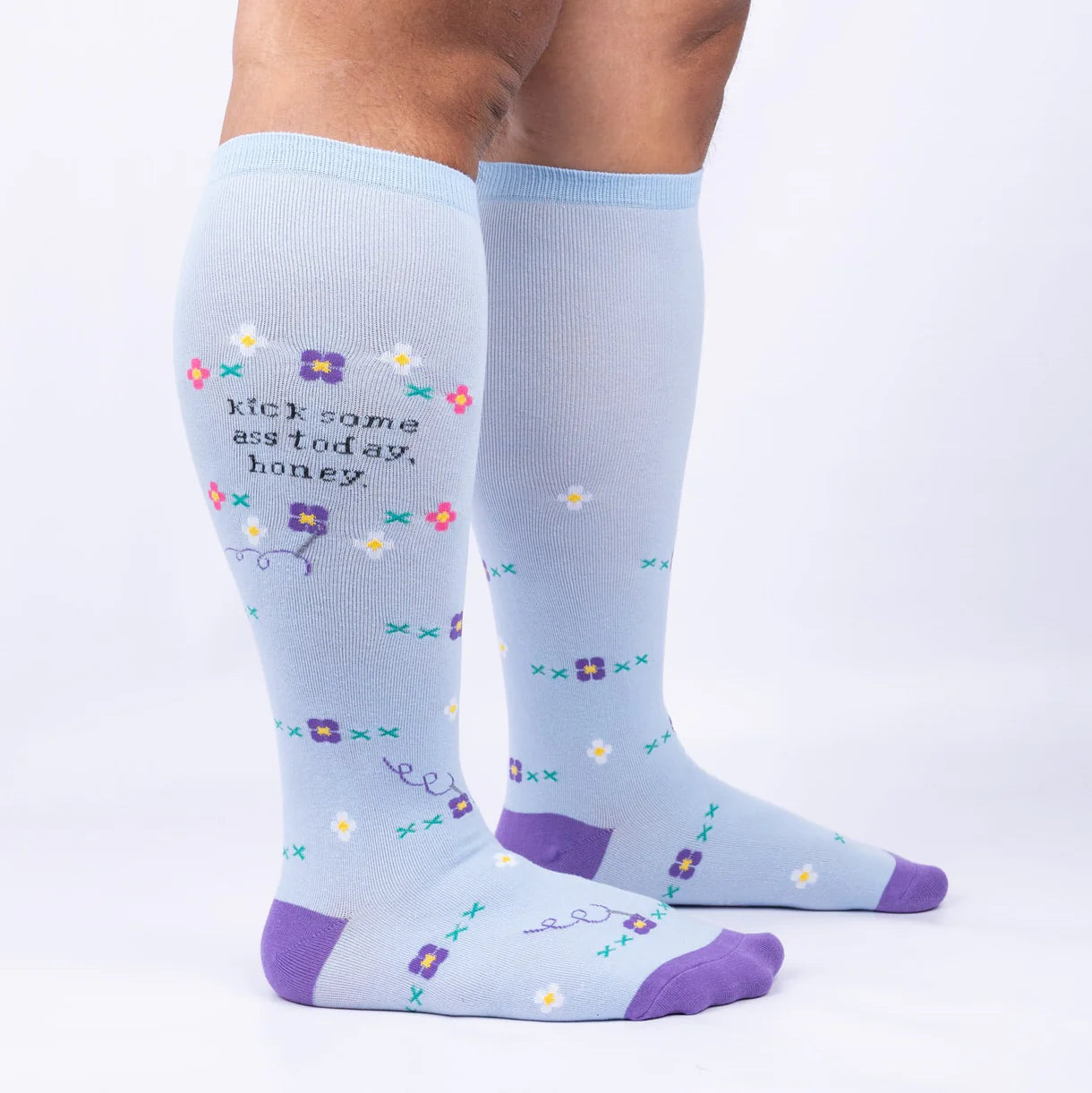 Kick Some Ass Today, Honey Knee High Socks in Extra Stretchy for Wide Calves