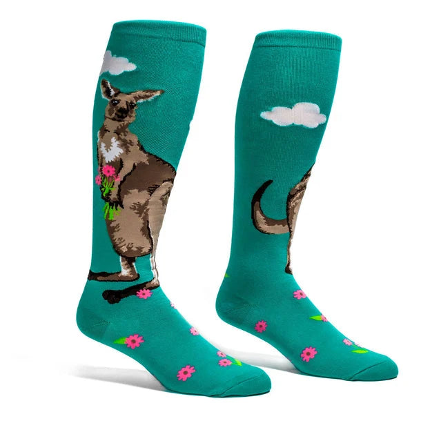 Green Knee high socks with a big kangaroo and pink flowers