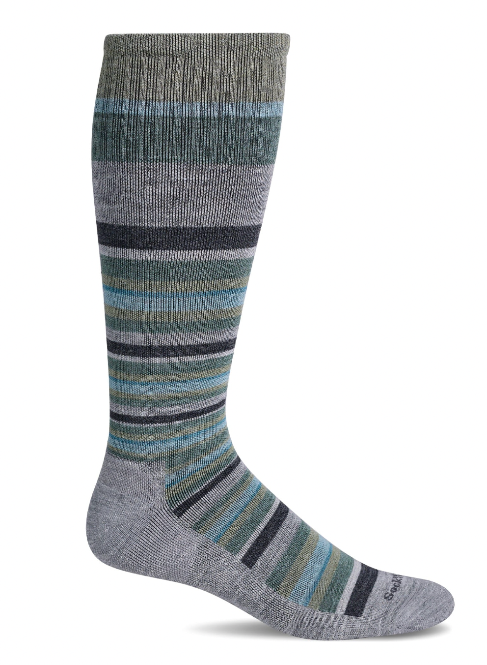 Gray sock with multicolor stripes on a white background