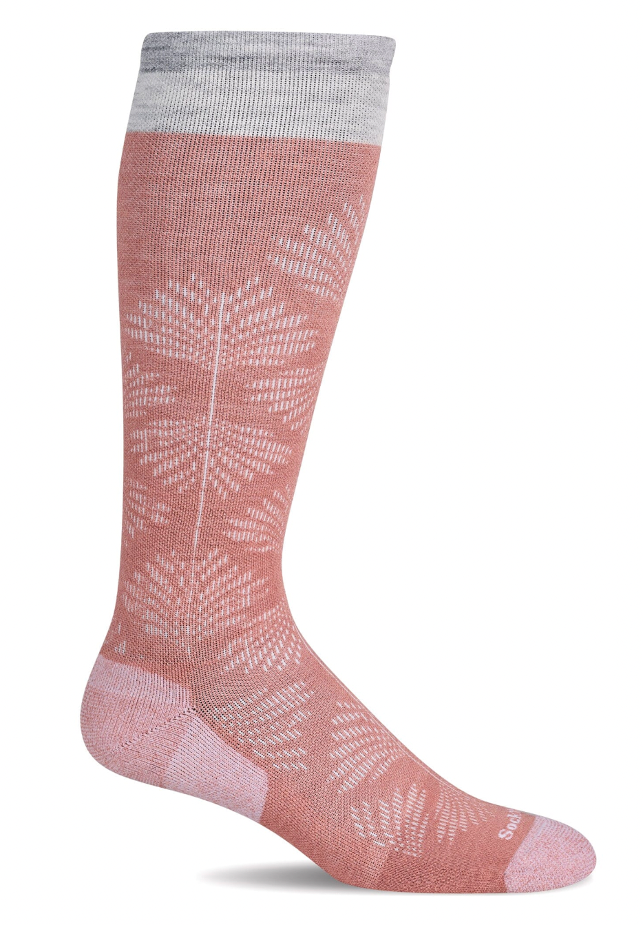Pink sock with leaf pattern and gray top on a white background