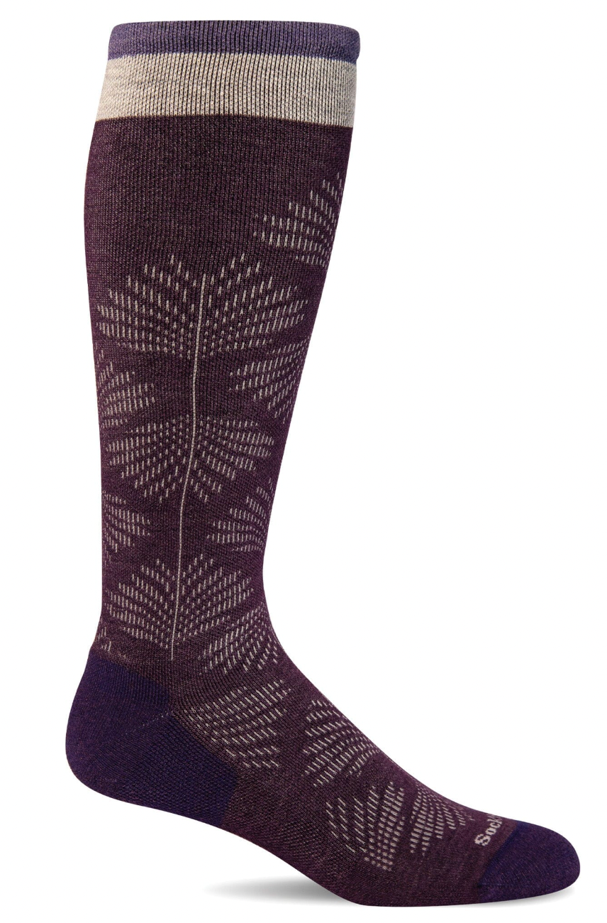 Full Floral Women's Bamboo/Merino Moderate Graduated Compression Socks in Blackberry - Wide Calf Fit