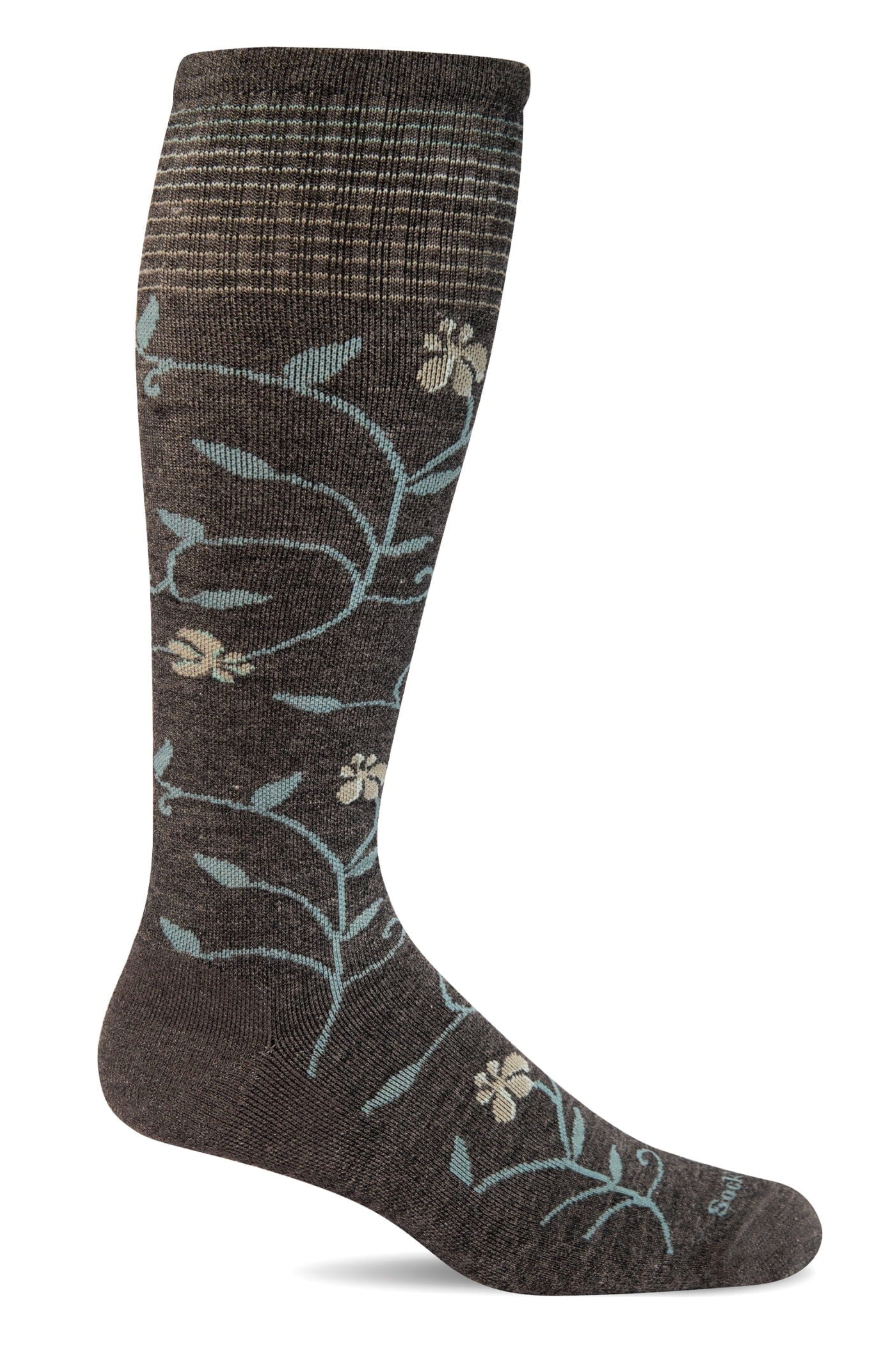 Dark gray sock with floral pattern on a white background