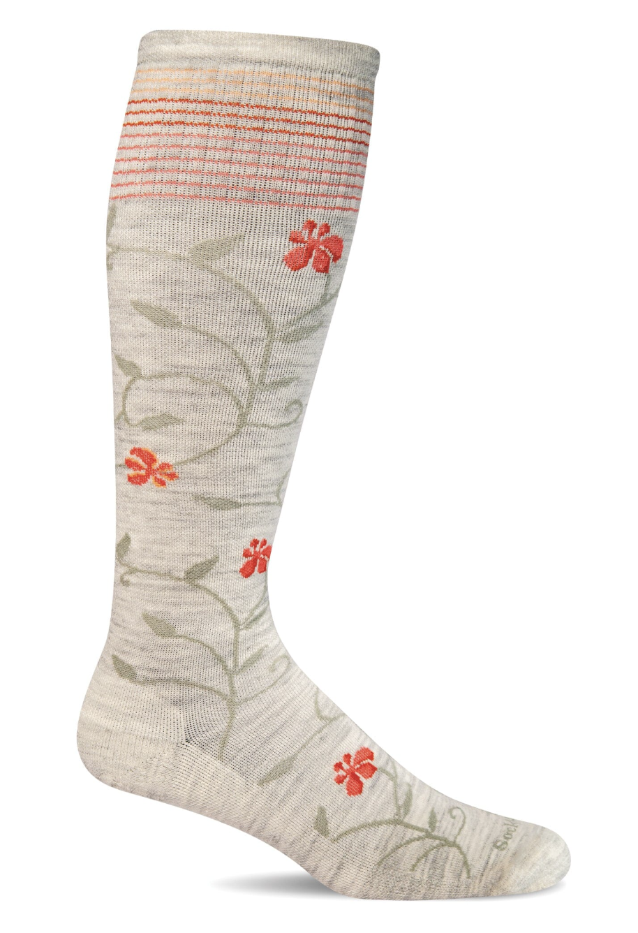 Beige sock with red floral patterns on a white background
