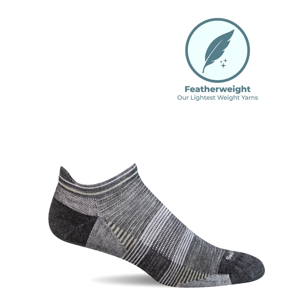 Gray ankle sock with featherweight label on a white background