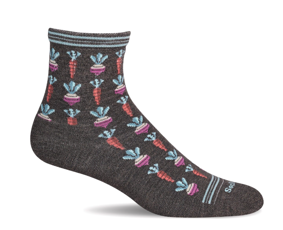 Gray ankle sock with colorful pattern on a white background