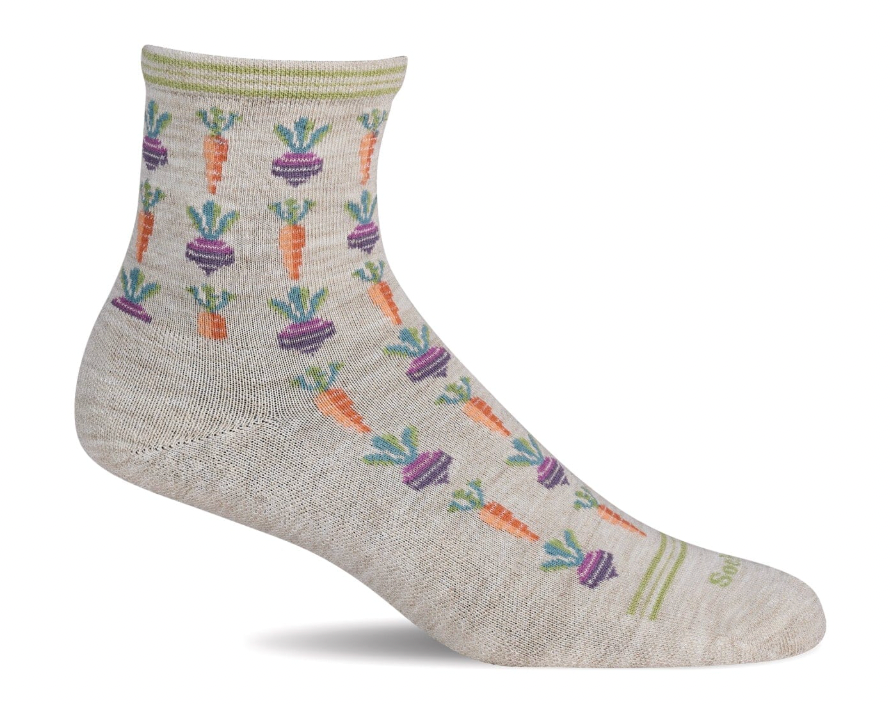 Gray ankle sock with colorful vegetable pattern on a white background