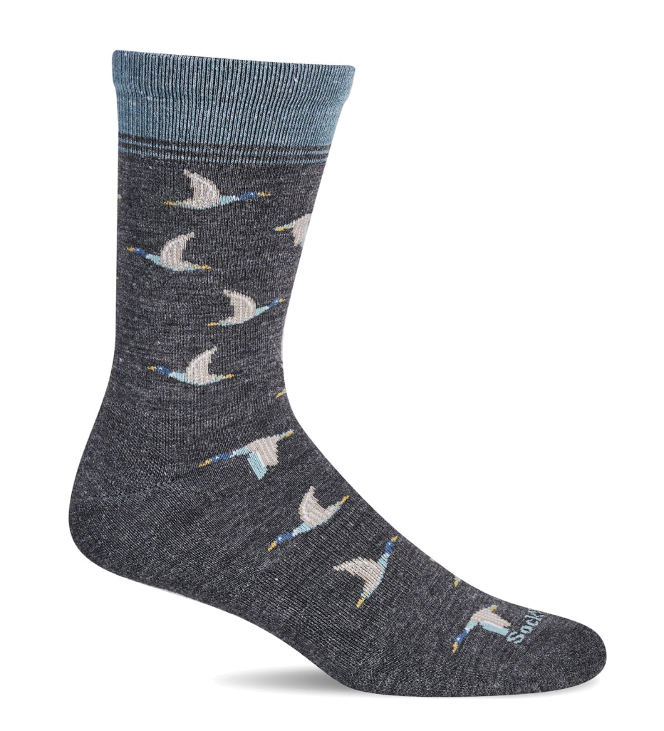 Gray sock with duck pattern on a white background