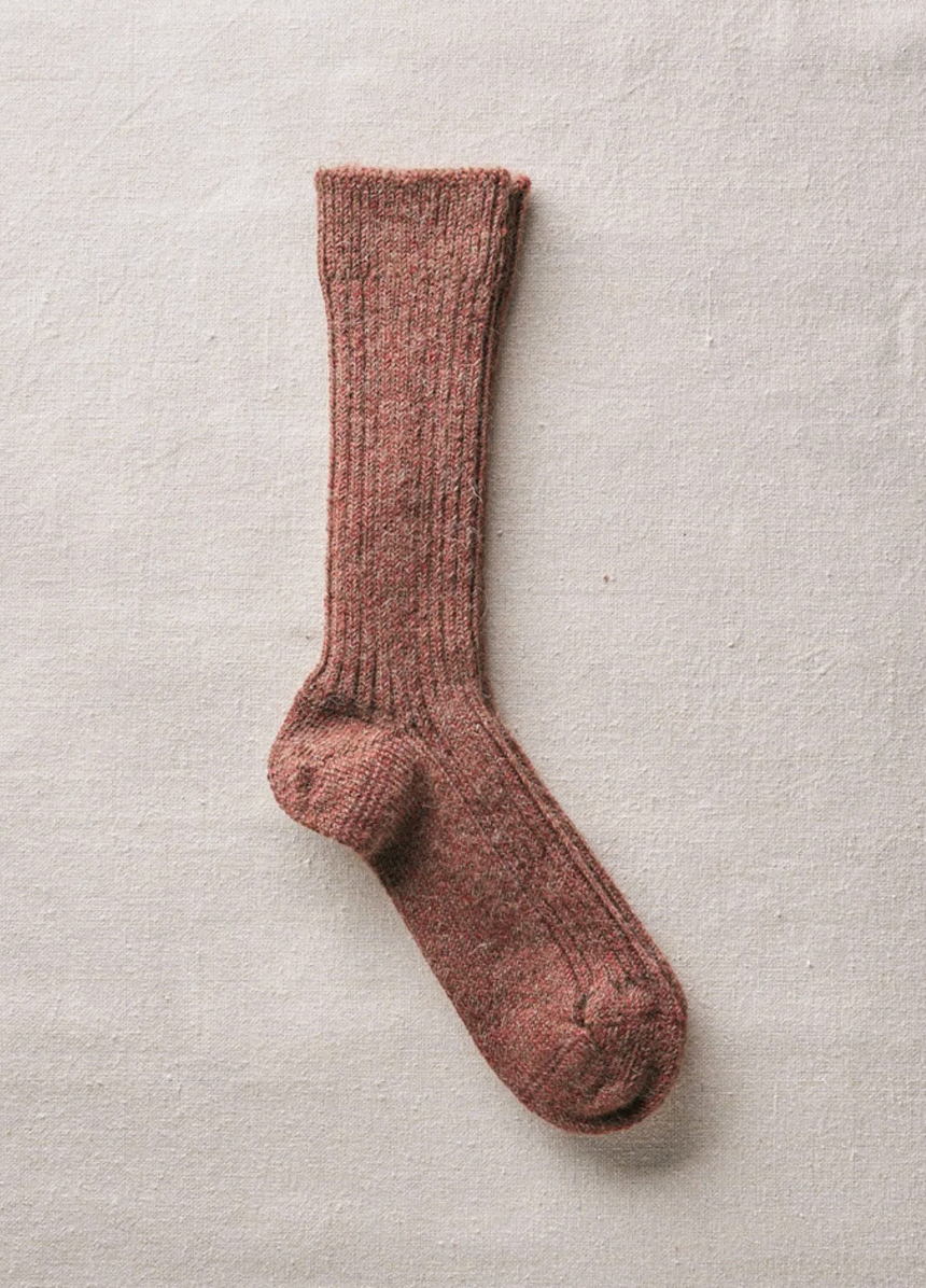 Alpaca Linen Ribbed Socks in Brick and Brown
