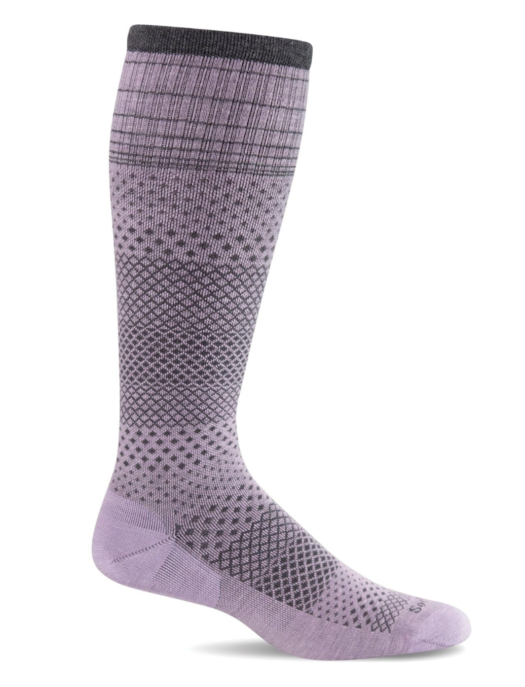 A single knee-high athletic sock in a dusty lavender-purple color with a dark gray and black geometric knit pattern, shown on a white background.