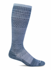 A single knee-high athletic sock in a blue and gray gradient with a textured knit pattern, shown on a plain white background.