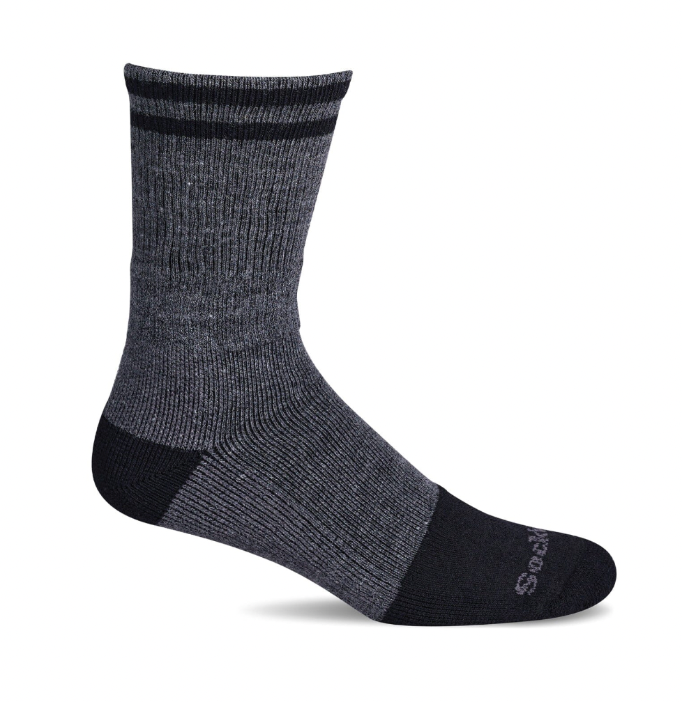 A single crew-length work sock in heathered dark gray with solid black sections at the toe, heel, and ribbed collar, shown on a clean white background.