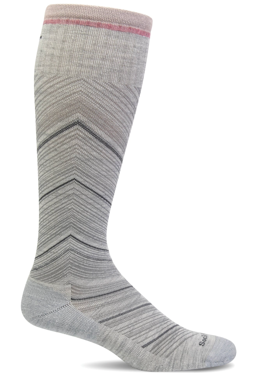 Gray knee-high sock with a subtle pattern on a white background