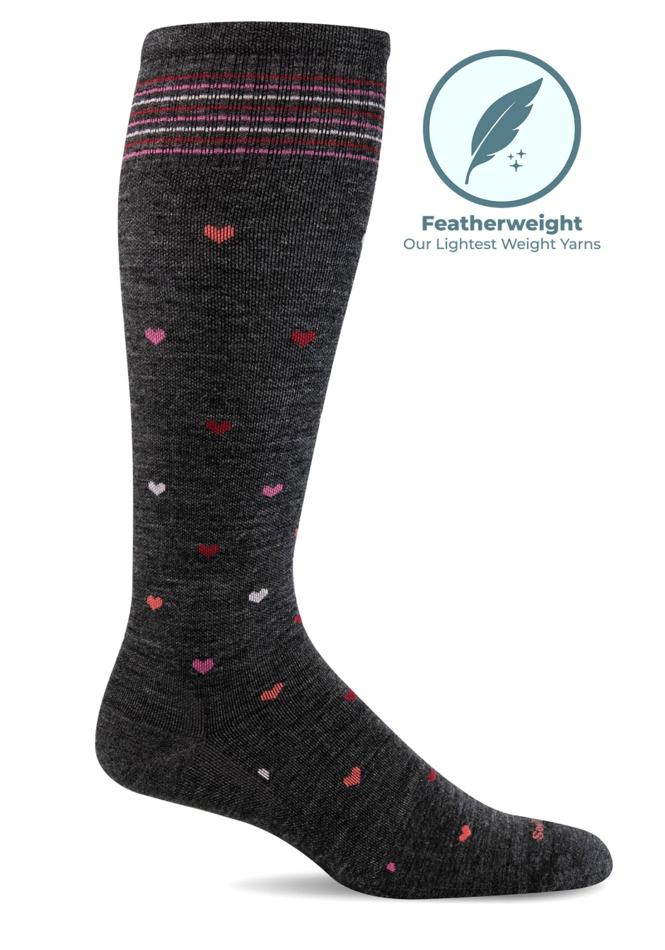Black knee-high sock with heart patterns on a white background