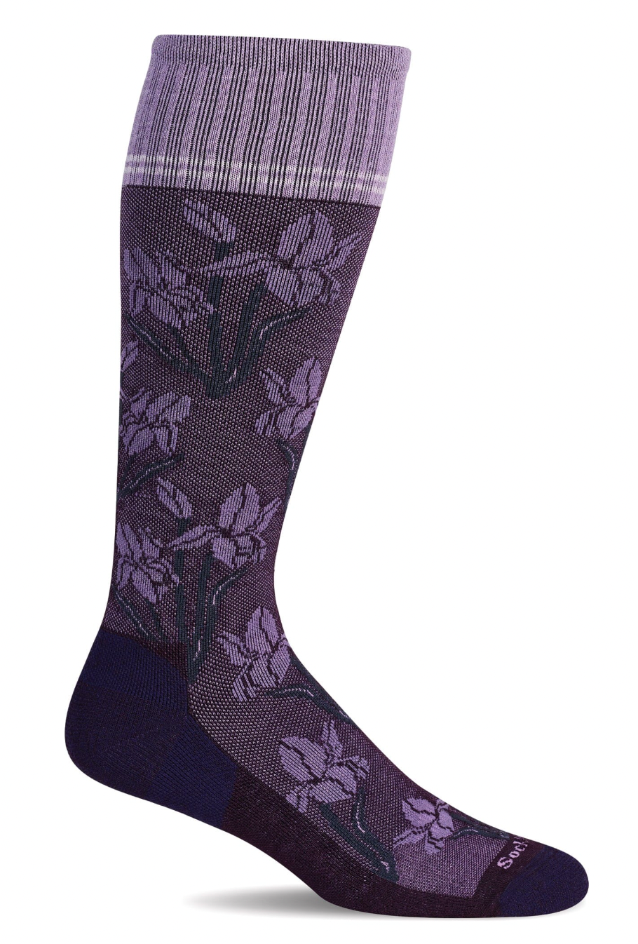 Purple floral patterned sock on a white background