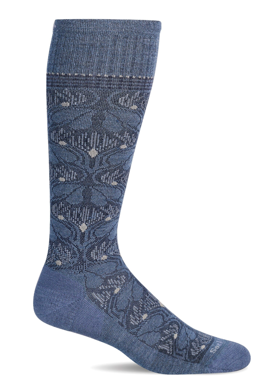 Blue patterned sock on a white background