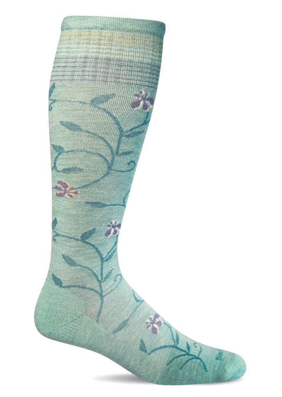 Light blue sock with floral pattern on a white background
