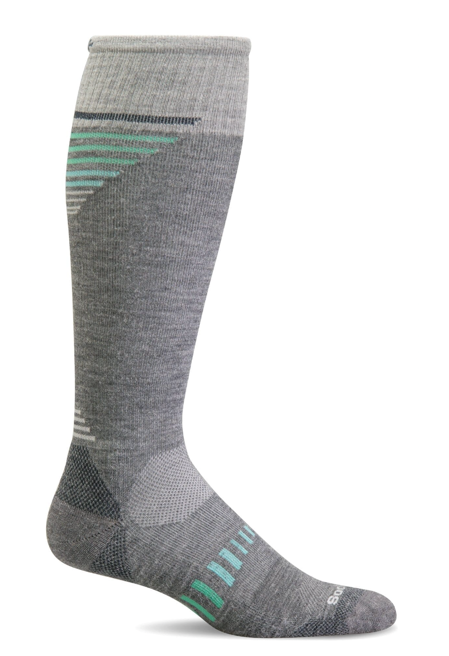 Gray knee-high sock with green accents on a white background