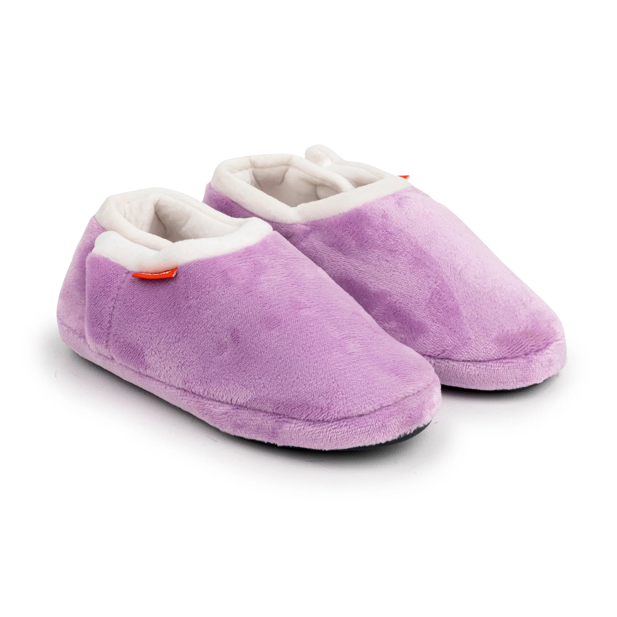 Pair of purple slippers with white lining on a white background
