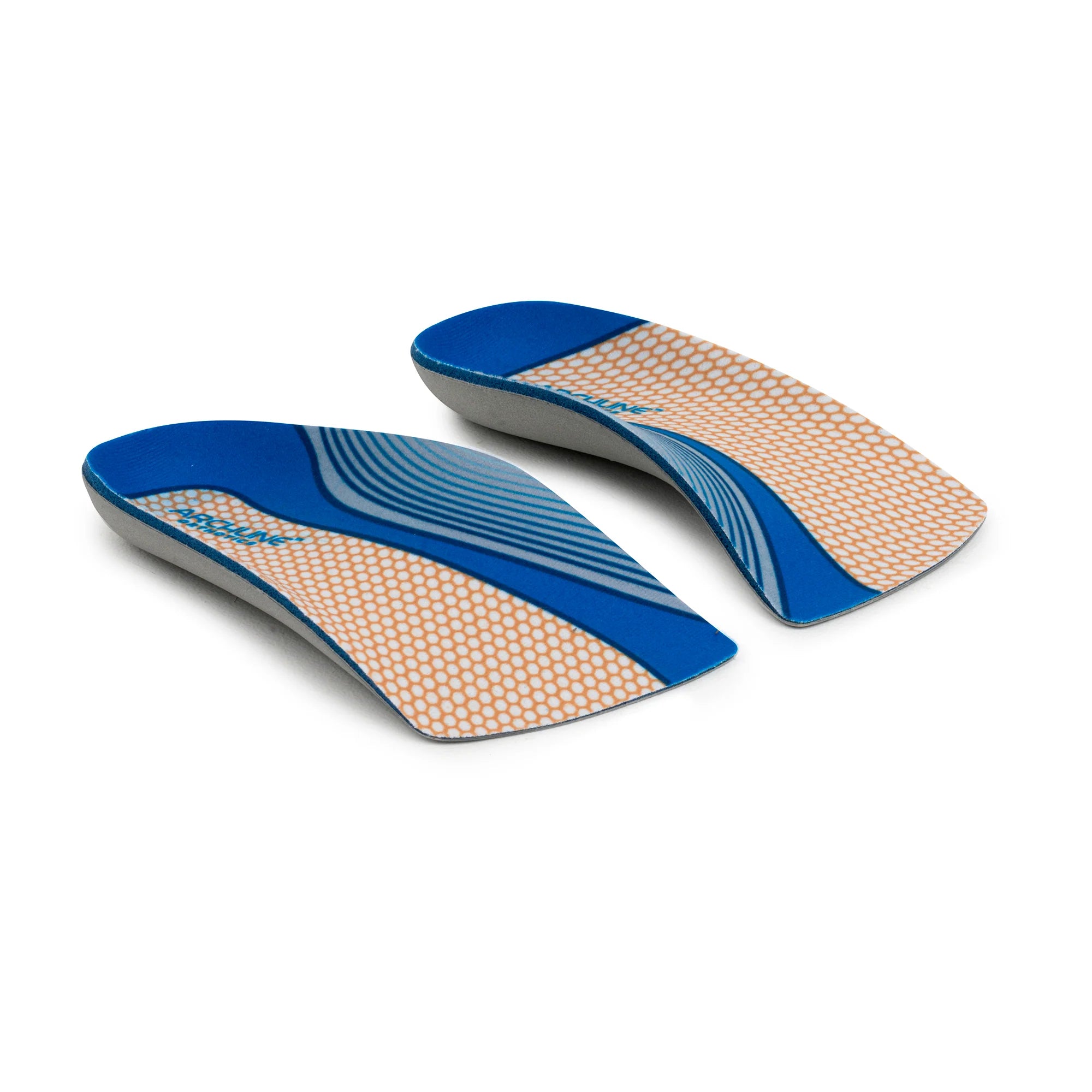 Pair of blue and beige shoe insoles on a white background