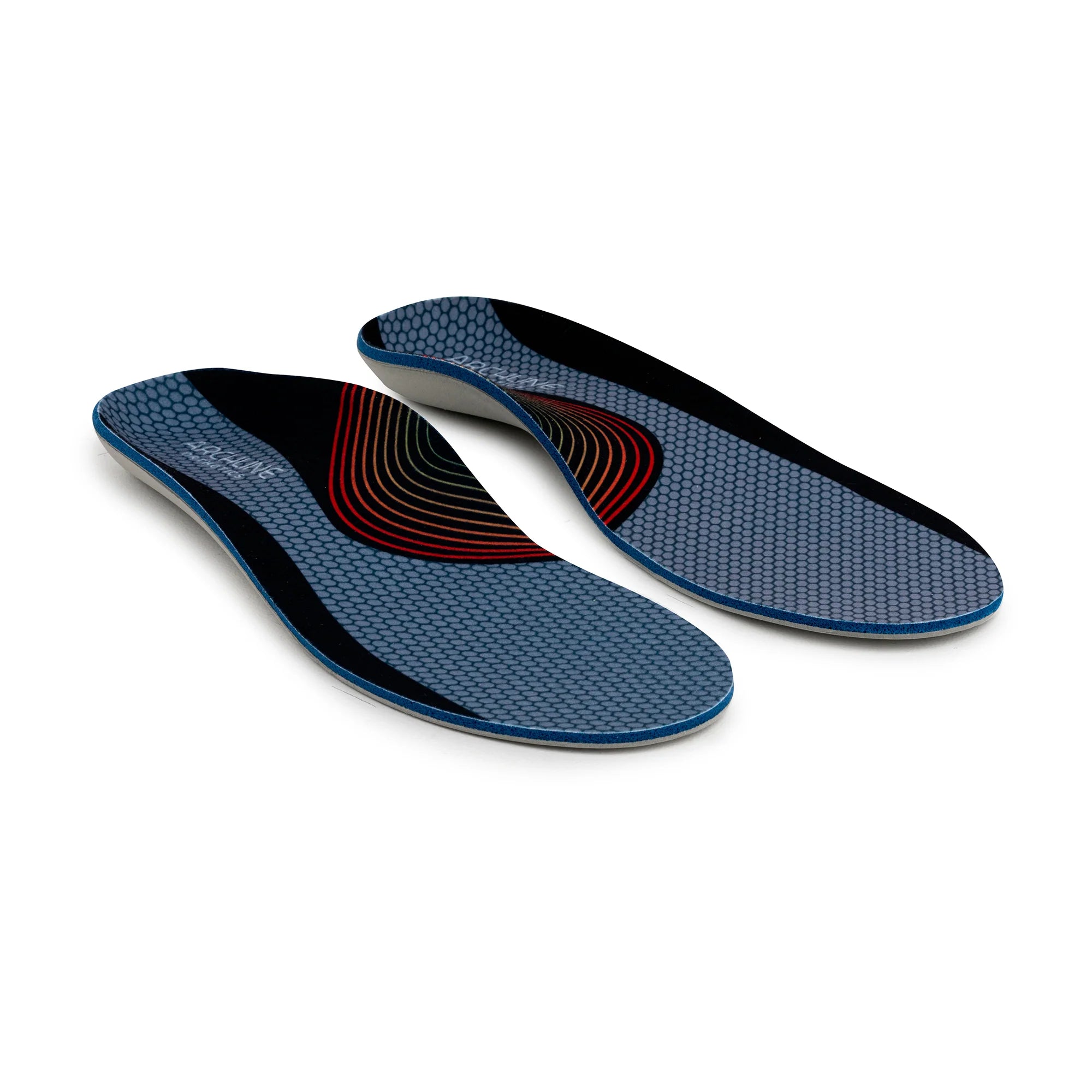 Pair of blue shoe insoles with black and red design on a white background