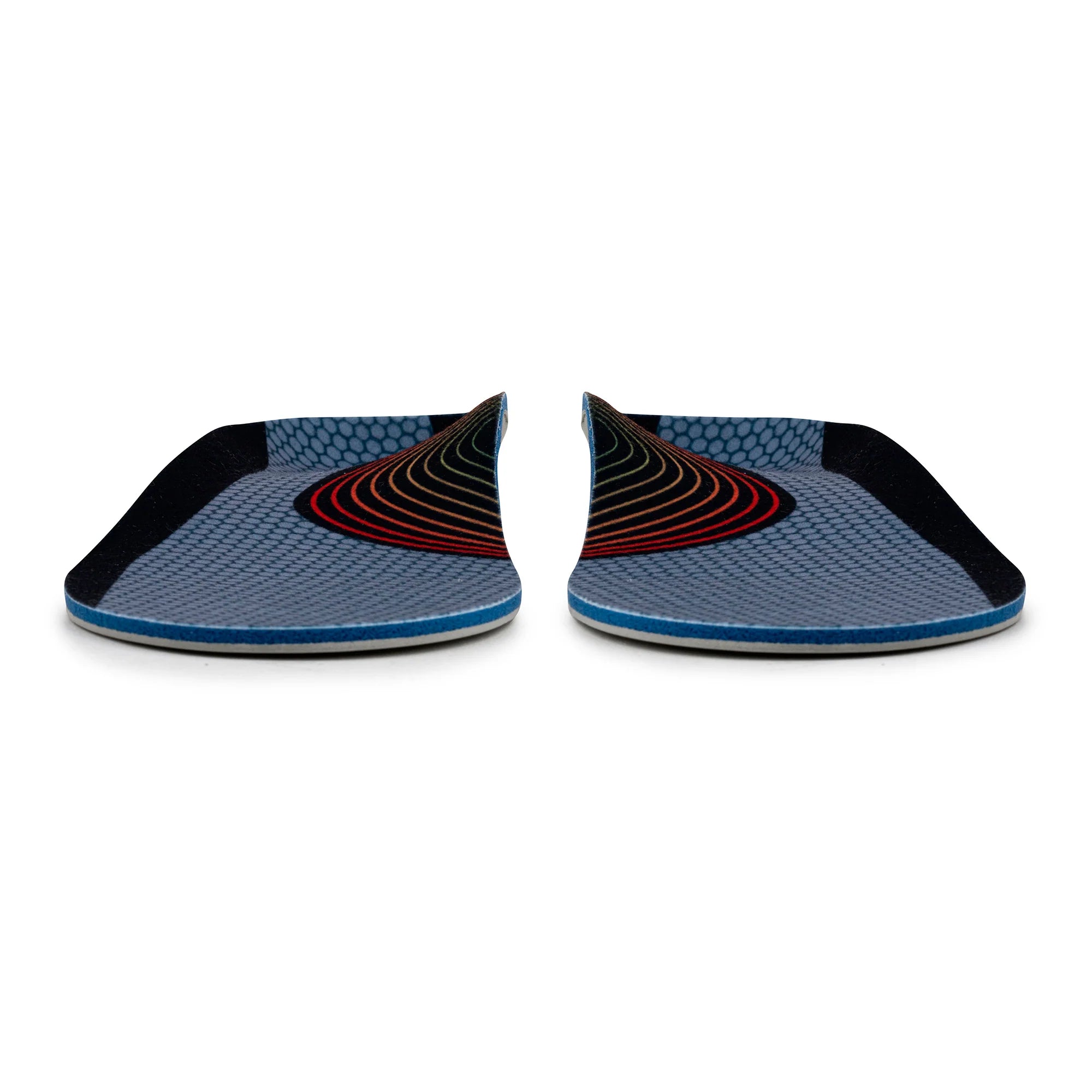 Pair of blue and black shoe inserts on a white background