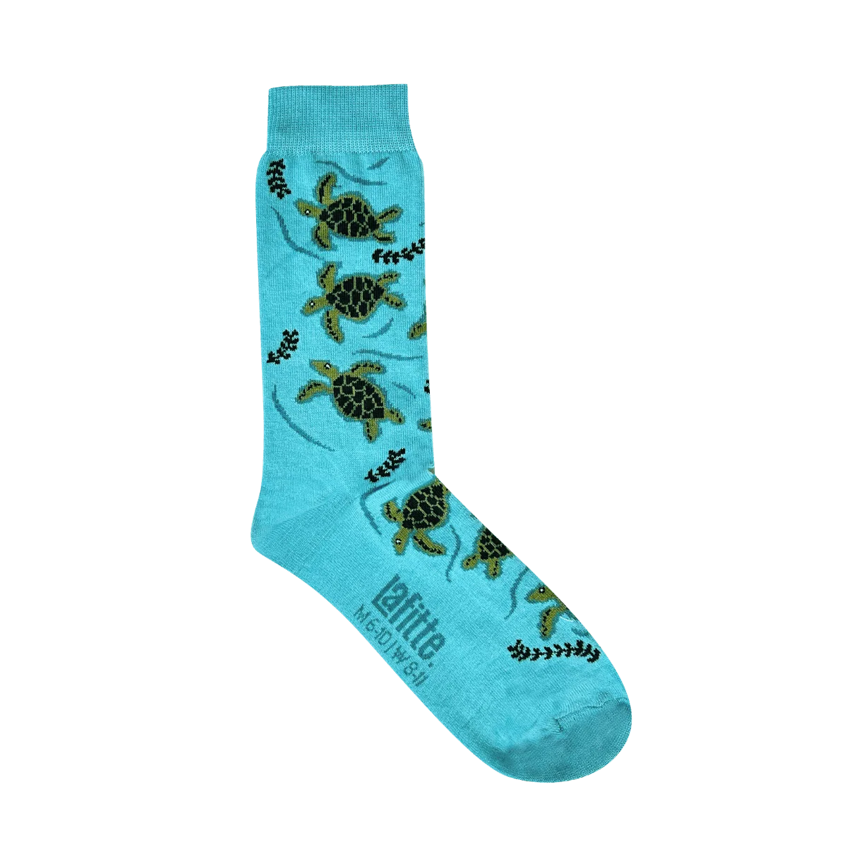 Turquoise sock with turtle design on a black background
